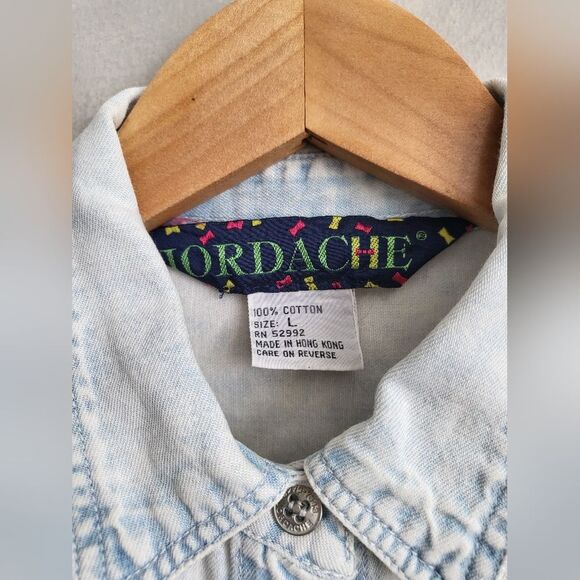 Vintage Jordache Light Acid Wash Denim 3D Bow Button Down Top Sz L - Picture 3 of 11